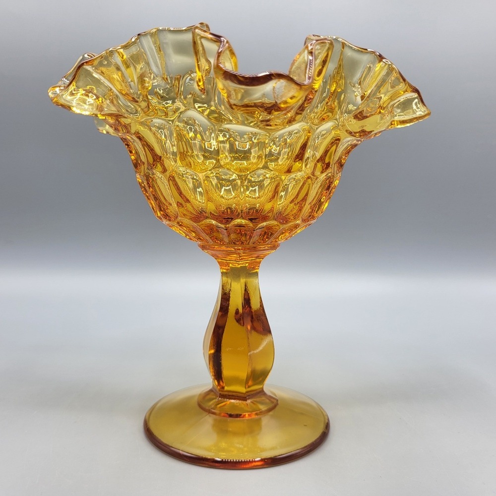 Vintage Fenton Amber Glass Compote Pedestal Candy Dish Ruffled Rim Thumbprint